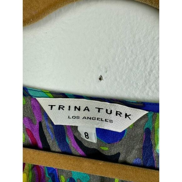 Trina Turk Dress Size 8 Blue Peacock Print 100% Silk Cap Sleeve Beach Vacation - Picture 2 of 6